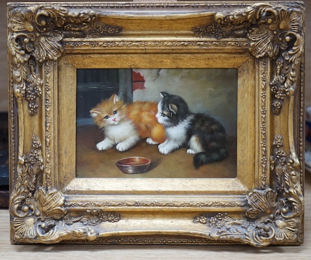 A decorative oil on board, Study of two cats, unsigned, 11 x 16cm, ornate gilt frame. Condition - good